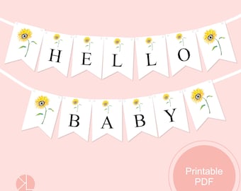 Baby Shower Banner Printable, Sunflower Baby Shower Printable Bunting, Hello Baby Banner, Party Decoration, Sunflower Printable