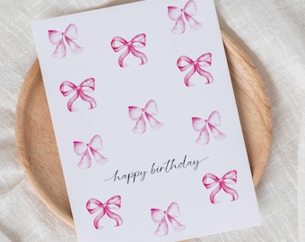 Preppy Pink Bow Happy Birthday Card for Her Elegant Watercolor Coquette Greeting Card, Feminine Floral Birthday Card for Women Girls