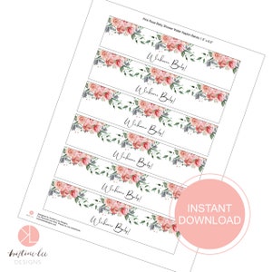 Baby Shower Napkin Ring, Printable Napkin Wrapper, PDF Instant Download, Blush Pink Rose, Baby shower decoration image 3