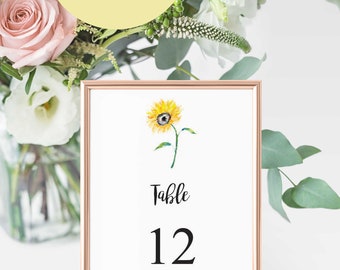 Table Card Number Printable, Sunflower Wedding, Editable PDF, Printable table Card, Wedding Table Number, Sunflower Printable