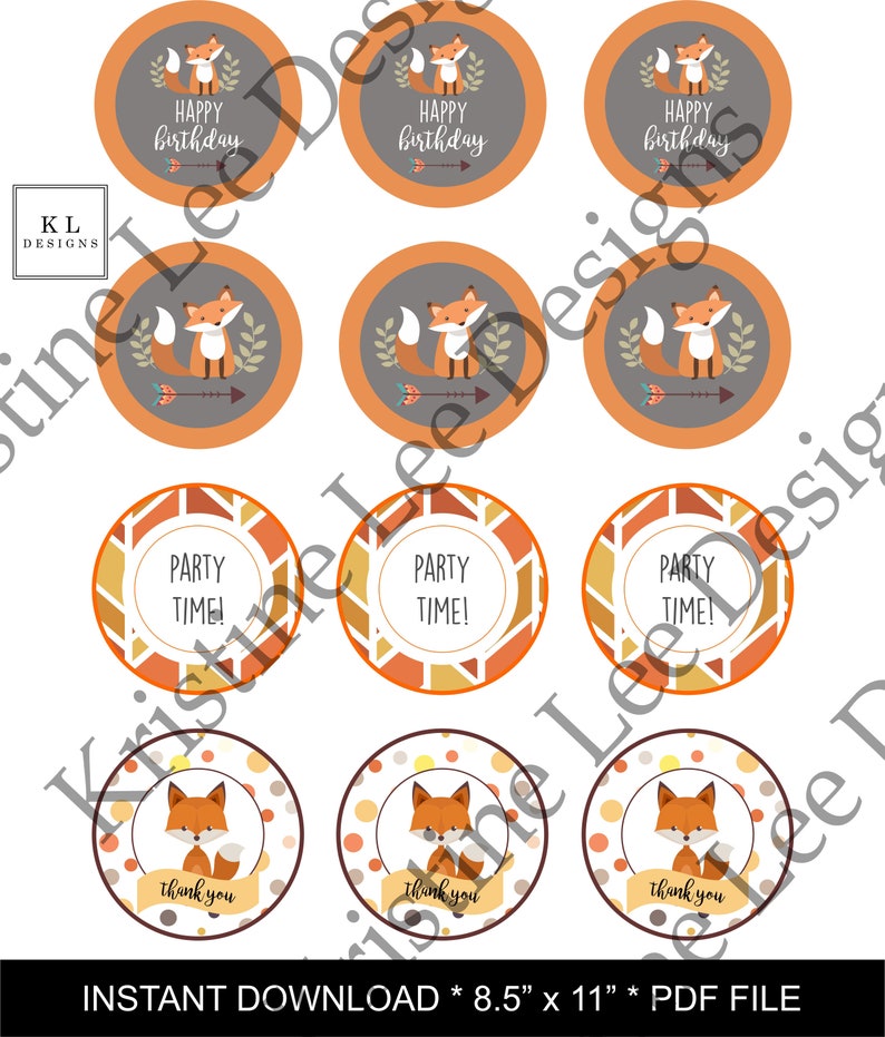 Printable Cupcake Toppers, printable decoration PDF, Digital download, Fox Birthday, image 2