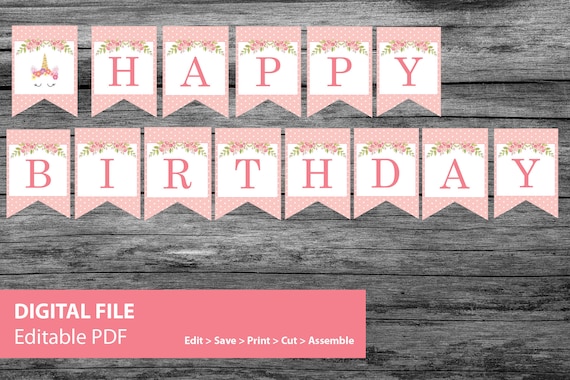 Printable Birthday Banner, Unicorn Birthday Banner, Printable Decoration Bunting, Pennants, Editable PDF, Printable Birthday Decoration, Il_570xn