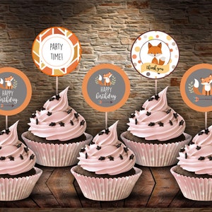 Printable Cupcake Toppers, printable decoration PDF, Digital download, Fox Birthday, image 1