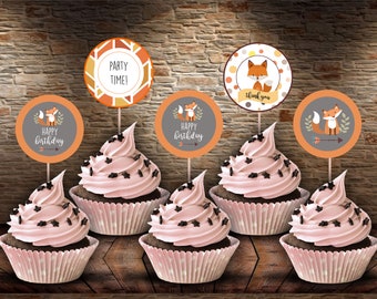 Printable Cupcake Toppers, printable decoration PDF, Digital download, Fox Birthday,