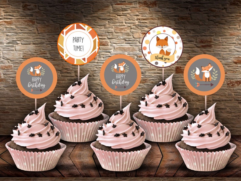 Printable Cupcake Toppers, printable decoration PDF, Digital download, Fox Birthday, image 1