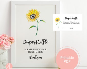 Diaper Raffle Card Printable, Diaper Raffle Sign, Sunflower Baby Shower, Instant Download, Diaper Raffle Ticket and Sign, New Pregnancy