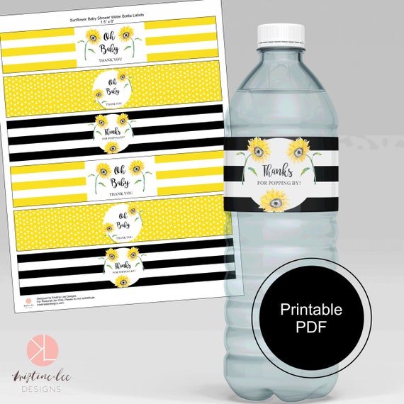 printable water bottle labels sunflower baby shower pdf etsy