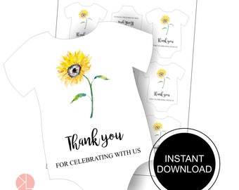 Printable Baby Bodysuit Gift Tag, Sunflower Baby Shower, Instant Download, Baby shower tag, Sunflower Printable