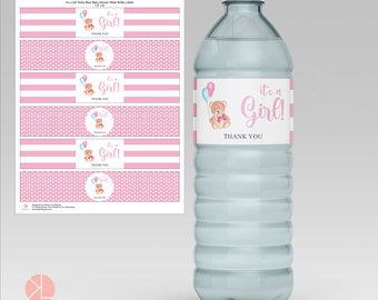 Printable Watercolor Bottle Labels, Teddy Bear Baby Shower, Baby Girl PDF, Instant Download