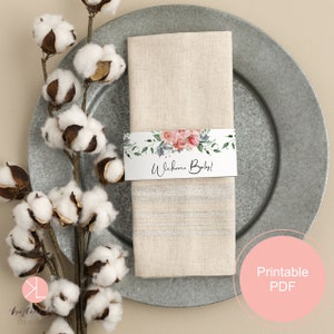 Baby Shower Napkin Ring, Printable Napkin Wrapper, PDF Instant Download, Blush Pink Rose, Baby shower decoration image 2