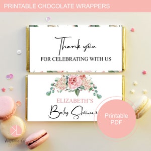 Chocolate Bar Wrapper Template, Blush Pink Rose Baby Shower, Printable Candy Bar Wrapper, Editable Text, Editable PDF image 1