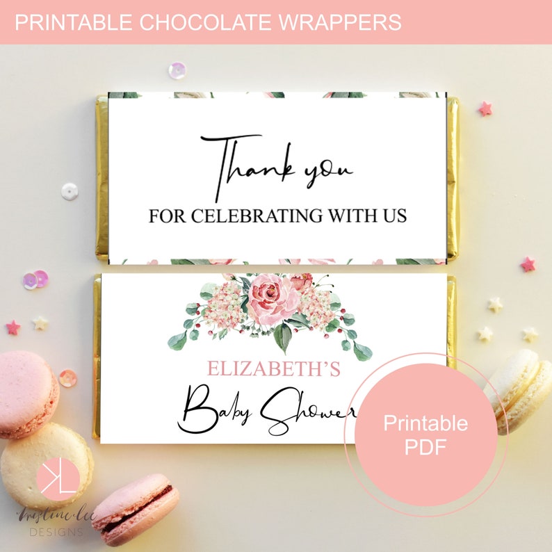 Chocolate Bar Wrapper Template, Blush Pink Rose Baby Shower, Printable Candy Bar Wrapper, Editable Text, Editable PDF image 1