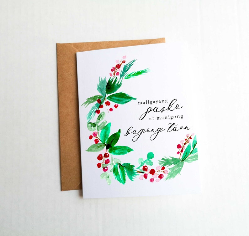 Tagalog Christmas Card, Maligayang Pasko at Manigong Bagong Taon, Watercolor Christmas Wreath, Filipino Greeting Card, Filipino Card image 1