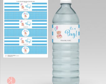 Printable Water Bottle Label, Teddy Bear, Baby Shower, It's a Boy, PDF Instant download Label