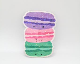 Kawaii Macaron Stack Sticker: Holographic Pastel Dessert Vinyl Die-Cut
