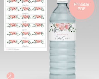 Water Bottle Labels, Blush Pink Floral, Baby Shower, Editable Text, Printable PDF, Printable Water Bottle Label Template