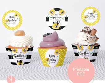 Printable Cupcake Toppers, Sunflower Birthday Decorations, Editable PDF, Printable Cupcake Wrappers, Cupcake Toppers Birthday, 1st Birthday