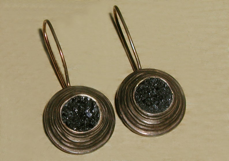 Fabulous Vintage Artisan Designer Black Druzy Gemstone Organic Textured Bronze Over Silver Modernist Disc French Hook Pierced Drop Earrings