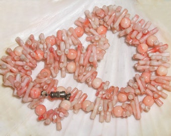 Gorgeous Vintage Art Deco 1930's Pink Angel Skin Coral Branch & Bead Antique Brass Clasp Necklace