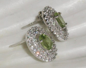 Sparkly Vintage Green Citrine & White Topaz Signed 925 Sterling Silver Halo Gemstone Post Earrings