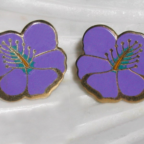 Fabulous Vintage Signed LAUREL BURCH Hibiscus Periwinkle Blue Purple Teal Flower Enamel Cloisonne 22KT Gold Plated Stud Earrings