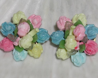 Fantastic Colorful Vintage Molded Plastic Flower Cluster Pastel Spring Bouquet Signed W. Germany Antique Brass Clip Earrings