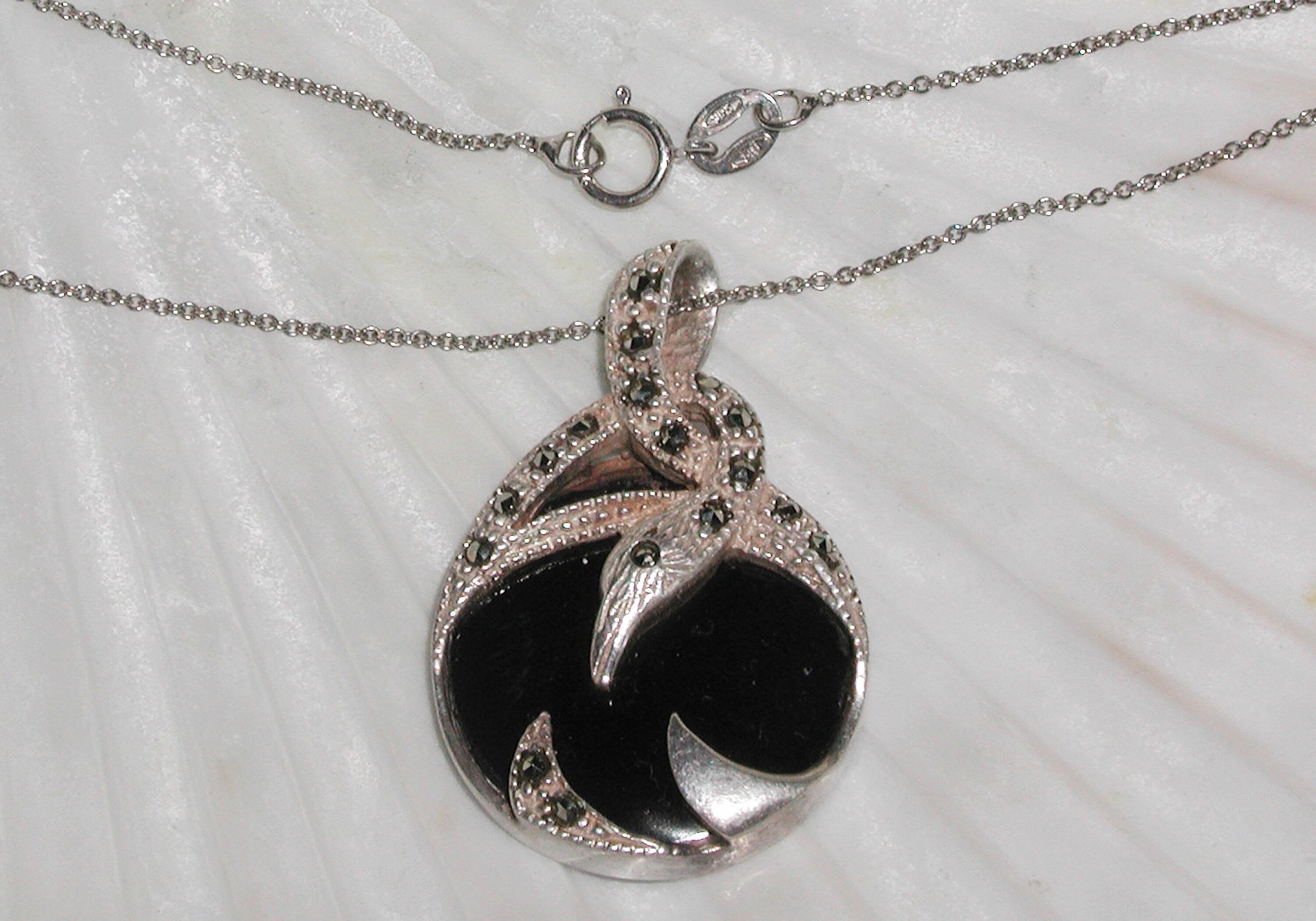 Fabulous Intricate Vintage Bird Black Onyx Hallmarked Signed