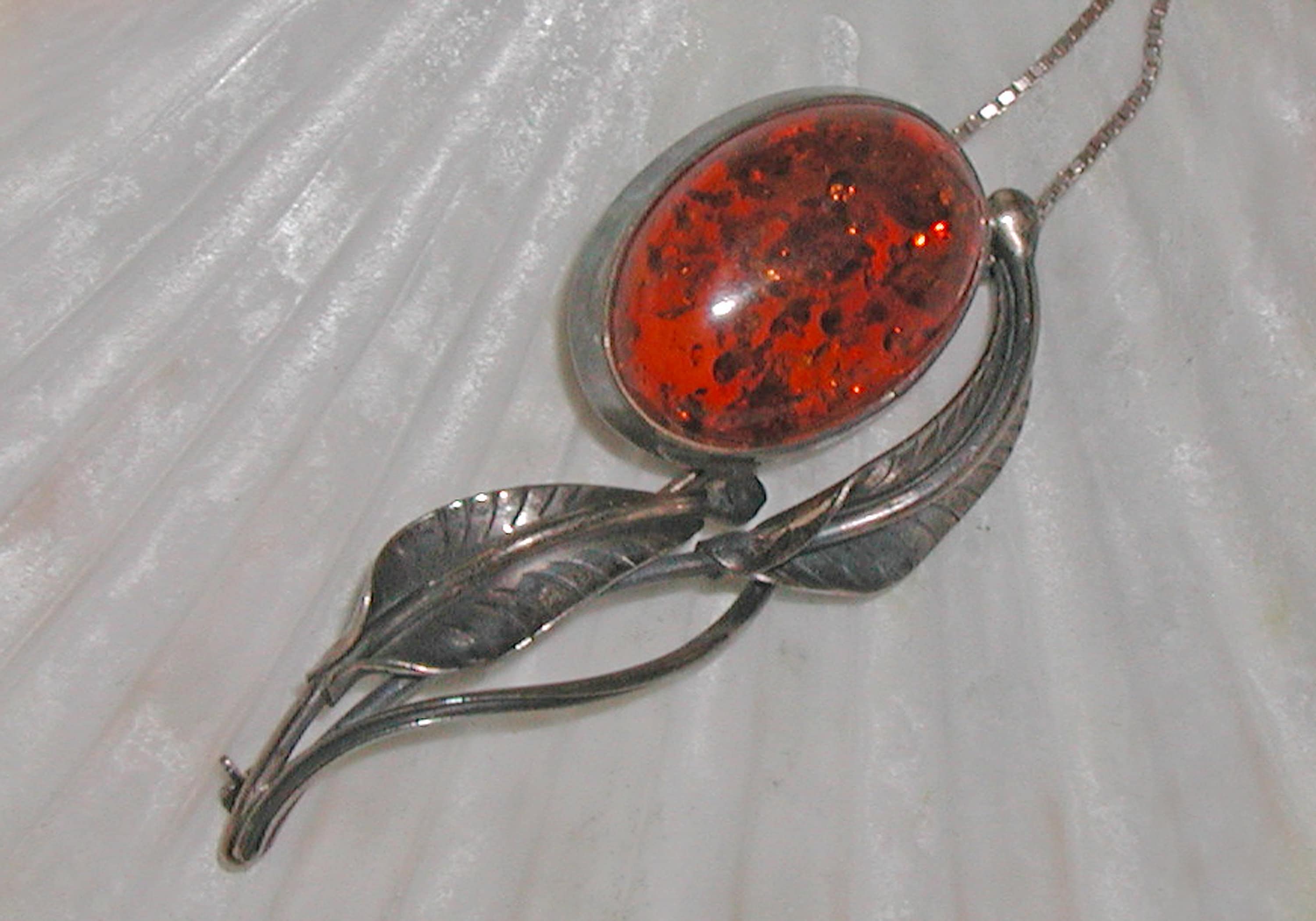 Collier Goutte D'ambre Style Art Nouveau - Chaîne Argent 925 - Vintage Années 60