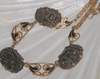 Wonderful Vintage Art Deco Molded Floral Chocolate Brown Glass Prong-Set Cabochon Black & White Enamel Antique Brass Chain Necklace