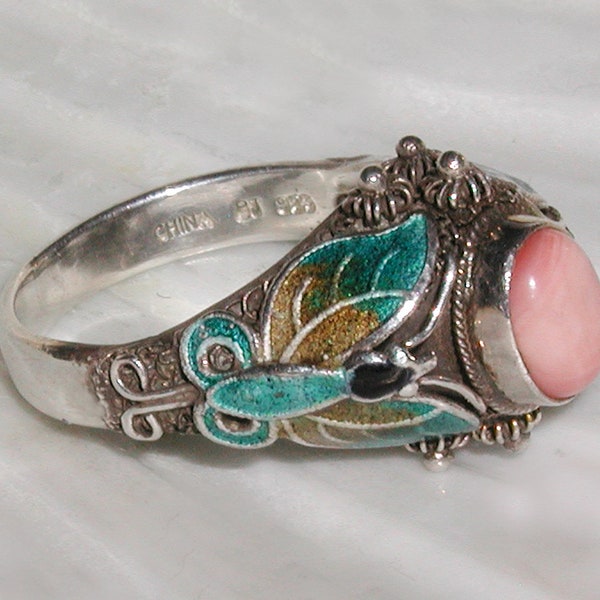Beautiful Vintage Genuine Angel Skin Coral Signed China 925 Beaded Cannetille Sterling Silver Cloisonne Enamel Butterfly Shank Ring-Size 8