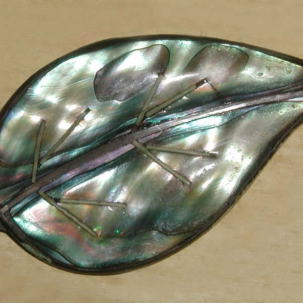 Superb Vintage Signed Abalone Shell Sterling Silver Signed RA Mexico Inlay Veined Leaf Brooch Pin