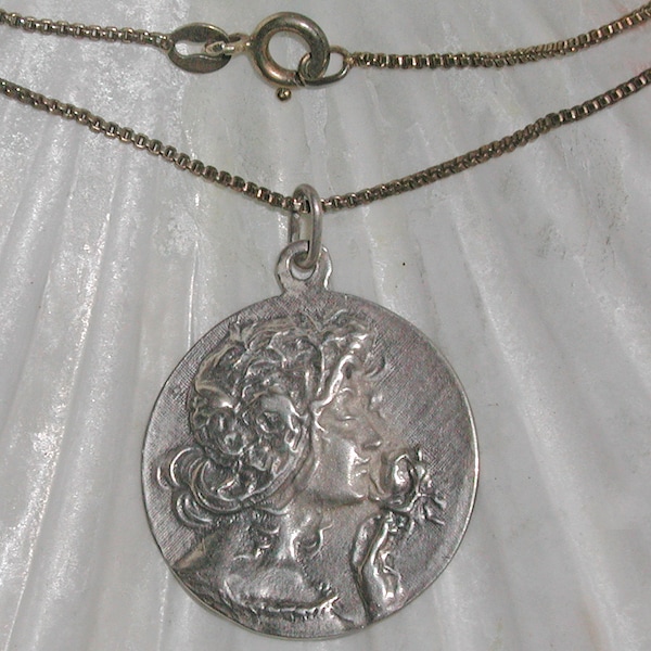 Fine Vintage Sterling Silver European Hallmark Victorian Nouveau Lady Stop & Smell The Roses Medallion Pendant 19" 925 Italy Chain Necklace