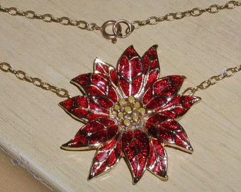 Exquisite Vintage Red & Yellow Enamel Pointsettia Unique Statement Necklace