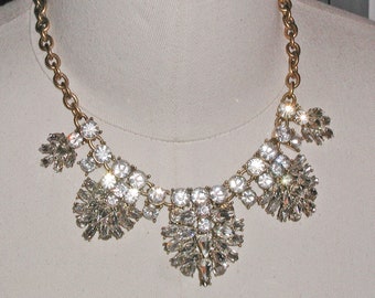 Superb Vintage Signed J.Crew Clear White Crystal Floral Stations Statement Adjustable Antique Bronze Necklace