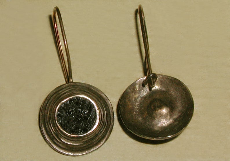 Fabulous Vintage Artisan Designer Black Druzy Gemstone Organic Textured Bronze Over Silver Modernist Disc French Hook Pierced Drop Earrings