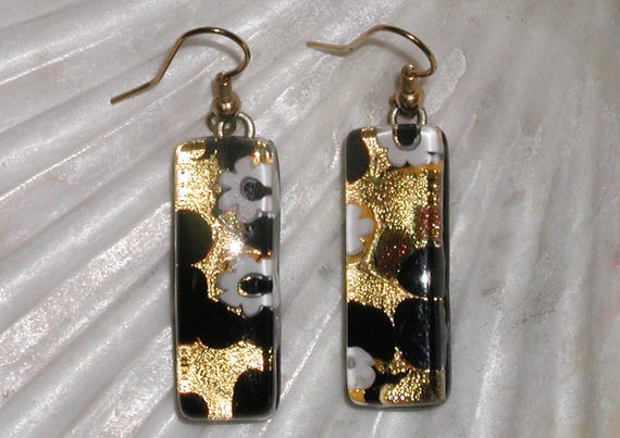 Beautiful Vintage Signed Murano Vetro Venetian Glass Gustav Klimt Style Golden Foil Black White Copper Floral Pendant Earrings