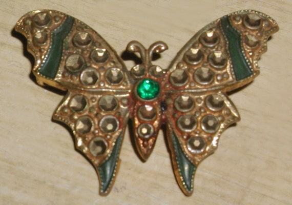 Wonderful Vintage Art Deco Green Enamel Marcasite… - image 1