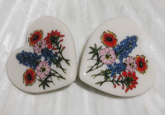 Whimsical Vintage Colorful Wildflowers Heart Shaped Porcelain Clip Earrings