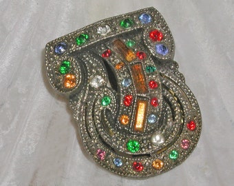 Spectacular Vintage 1930'S Art Deco Multi Color Crystal Two Tone Silver & Brass Tone Dress Fur Clip