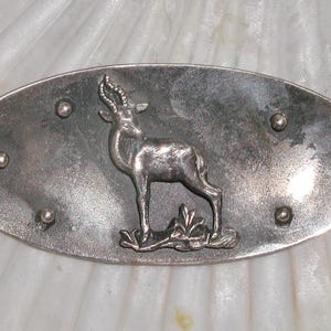 Large Fabulous Handmade Vintage Mid Century Modern Oval Silver Tone Signed Simba REG Africa Serengeti Antelope Gazelle Brooch Pin