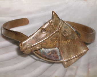 Vintage Hand Made Artisan Mixed Metal: Copper, Brass and Silver Horse Head Equestrian Cuff Bracelet