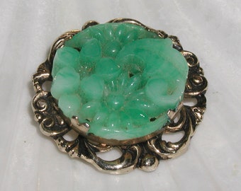 Gorgeous Vintage Thick Prong-Set Molded Green Peking Glass Floral Cabochon Brass Scrolls Brooch Pin