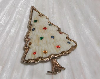 Rare Vintage 1940's Ivory Colored Molded Carved Celluloid 3D Christmas Tree Multi Color Tiny Crystal Ornaments Antique Brass Brooch Pin