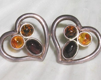 Gorgeous Vintage 3 Color Cherry, Honey, & Cognac Amber Cabochon Marked 925 Sterling Silver Heart Post Earrings