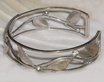 Pretty Vintage 1950's Rhinestone Scrolling Etched Leaves Cuff Silver Tone Bracelet