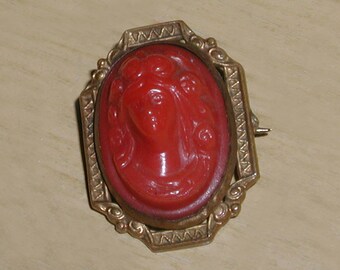 Fabulous Vintage Victorian Antique Brass Early Plastic Red Faux Coral Cameo Art Nouveau C-Clasp Brooch Pin