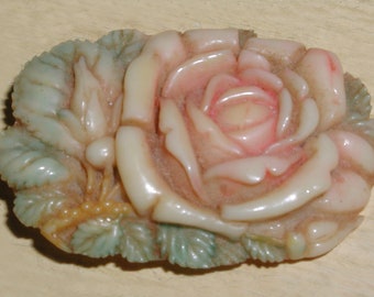 Exquisite Softly Hand Tinted Art Deco Carved Celluloid Signed MADE IN JAPAN Roses Dress Clip -  Gorgeous Subtle Pink, Rose, Green, Tan Hues