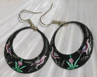 Rare Whimsical Vintage Hand Painted Enamel Over Copper Persian Birds & Flowers Hoop Earrings