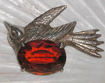 Awesome Vintage Nouveau Arts & Crafts Era Swallow Bird Large Faceted Cognac Amber Glass Stone Signed Antique Brass Washed Silver Brooch Pin