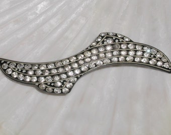 Beautiful Vintage Art Deco Arched Black Celluloid Crystal Paved Older C-Clasp Brooch Pin
